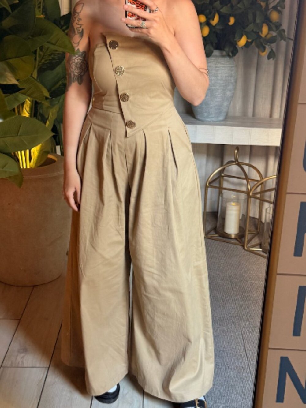 AKIRA Milano Khaki Strapless Wide Leg Jumpsuit Gold Buttons Size L